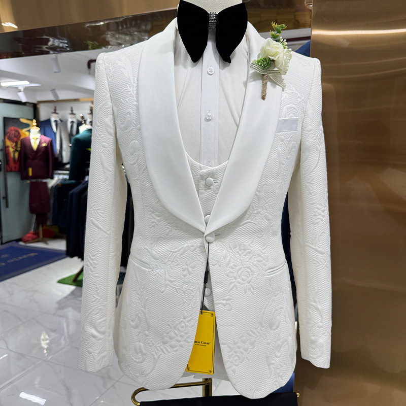 Men Formal Wear Wedding - Męski garnitur ślubny biały 3-częściowy żakardowy