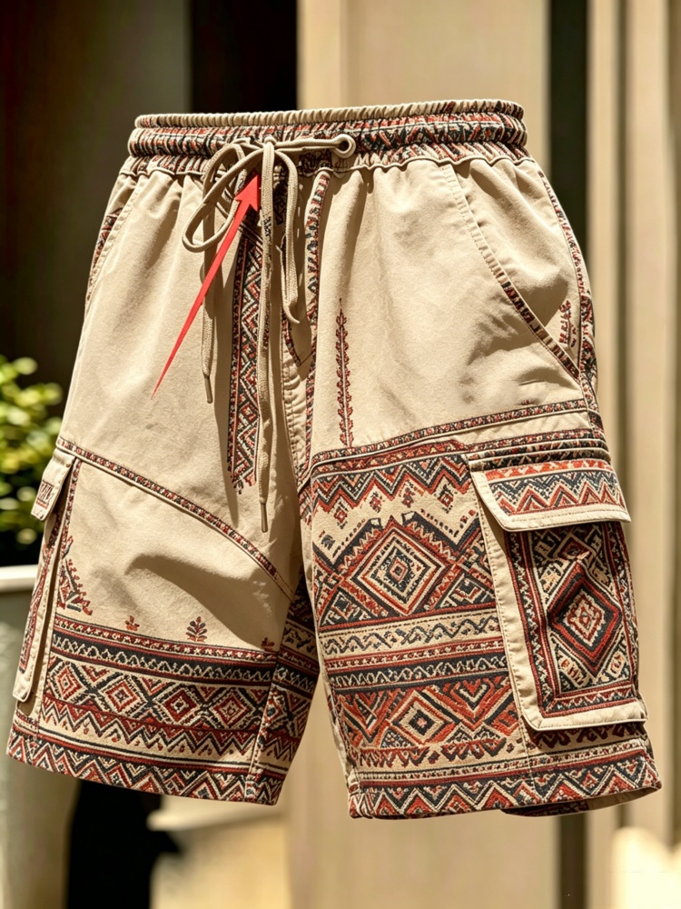 Men'S Ethnic & Formal Designer Wear Studio S - Męskie khaki szorty cargo z etnicznymi,