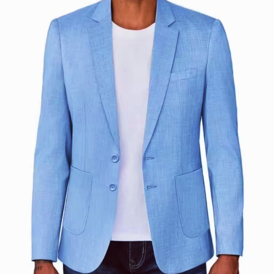 Men Formal Wear In Summer - Beżowo-niebieska lniana marynarka męska slim fit,