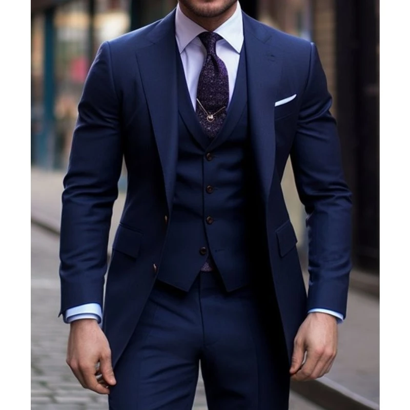 Men Formal Wear Wedding - Granatowy 3-częściowy garnitur męski Slim Fit