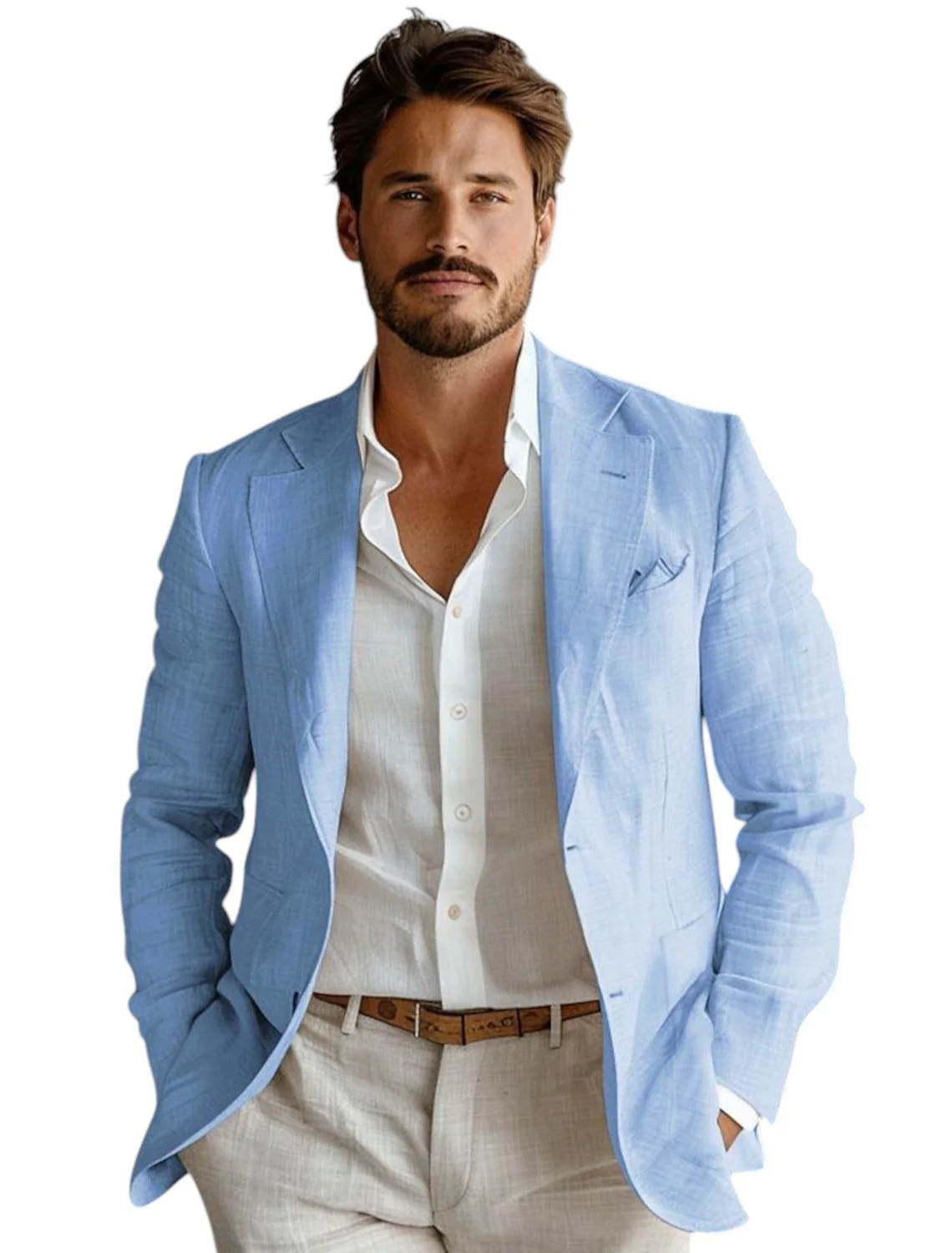 Men Formal Wear In Summer - Niebieska, dopasowana lniana marynarka męska, casualowa,